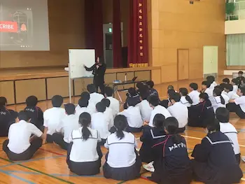 A lecture to all students at Chi-na Junior High School on Okinoerabu Island.